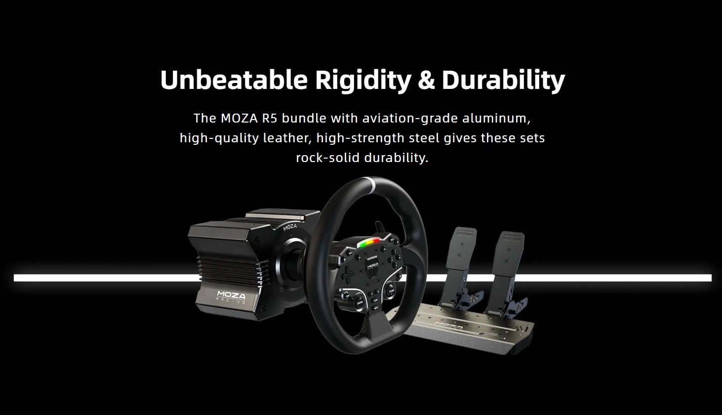 A large marketing image providing additional information about the product MOZA R5 Racing Simulator Bundle - 5.5Nm Direct Drive Wheel & Pedals - Additional alt info not provided
